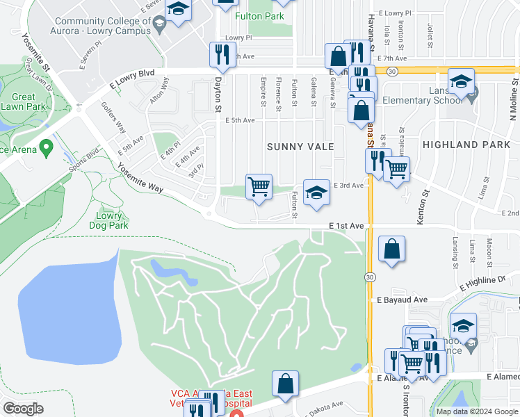 map of restaurants, bars, coffee shops, grocery stores, and more near 9913 East 1st Avenue in Aurora