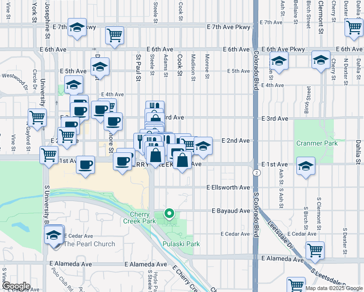 map of restaurants, bars, coffee shops, grocery stores, and more near 121 Cook Street in Denver