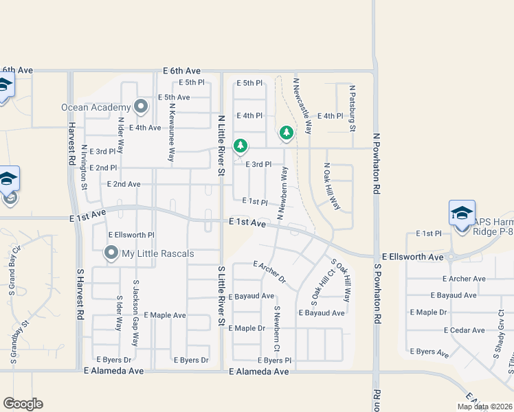 map of restaurants, bars, coffee shops, grocery stores, and more near 25954 East 1st Place in Aurora