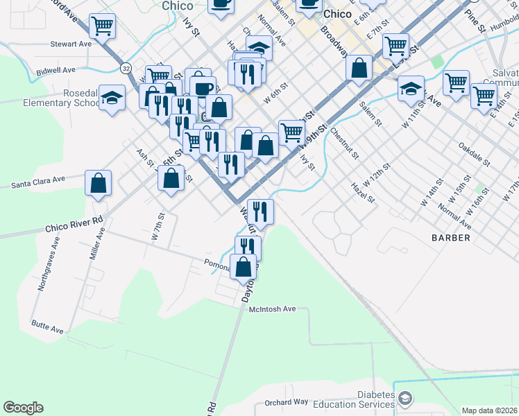 map of restaurants, bars, coffee shops, grocery stores, and more near 940 Walnut Street in Chico