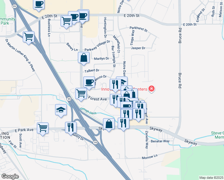 map of restaurants, bars, coffee shops, grocery stores, and more near 2313 Bar Triangle Street in Chico