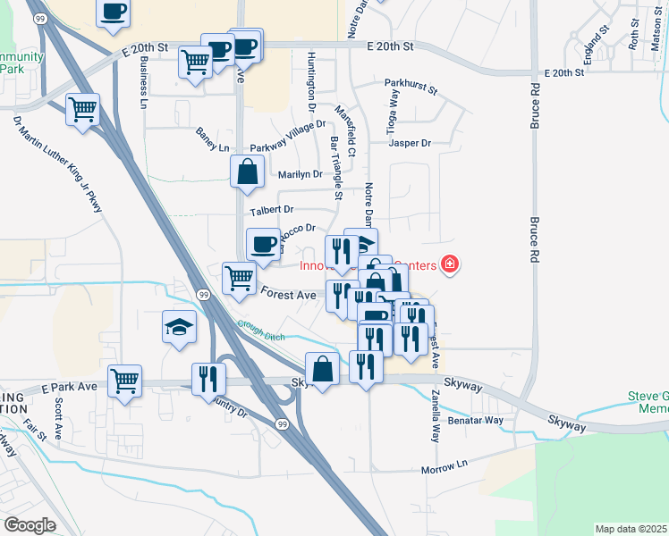 map of restaurants, bars, coffee shops, grocery stores, and more near 2313 Bar Triangle Street in Chico