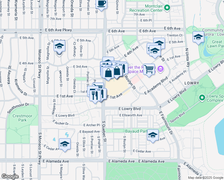 map of restaurants, bars, coffee shops, grocery stores, and more near 150 Quebec Street in Denver