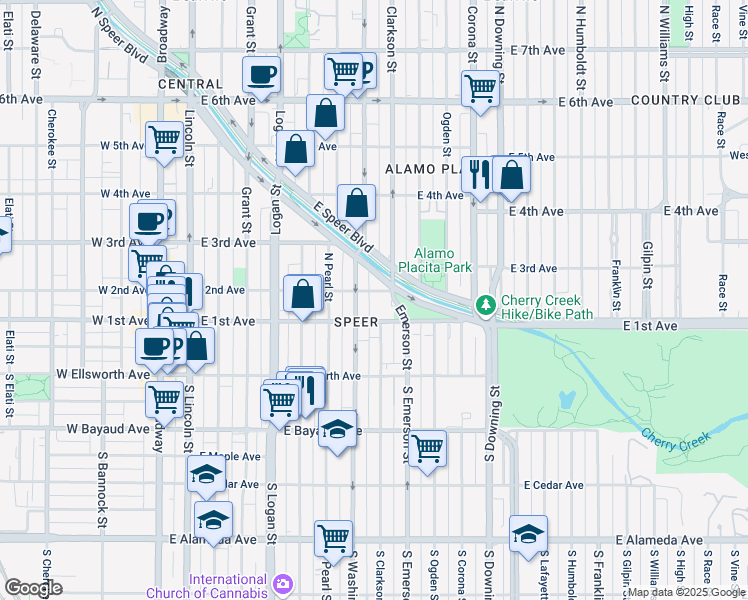 map of restaurants, bars, coffee shops, grocery stores, and more near 111 Emerson Street in Denver