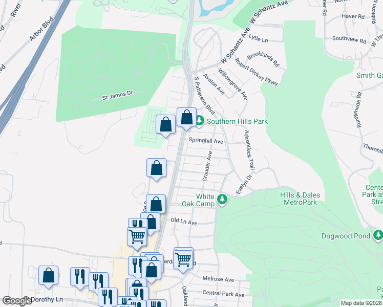 map of restaurants, bars, coffee shops, grocery stores, and more near 1542 Bowman Avenue in Dayton