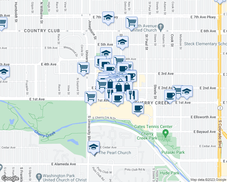 map of restaurants, bars, coffee shops, grocery stores, and more near 170 Clayton Lane in Denver