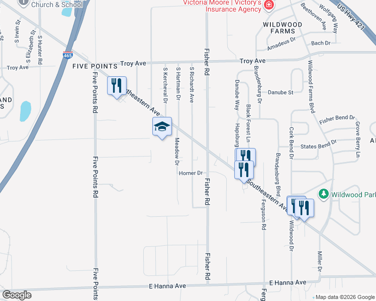 map of restaurants, bars, coffee shops, grocery stores, and more near 3428 South Sadlier Drive in Indianapolis