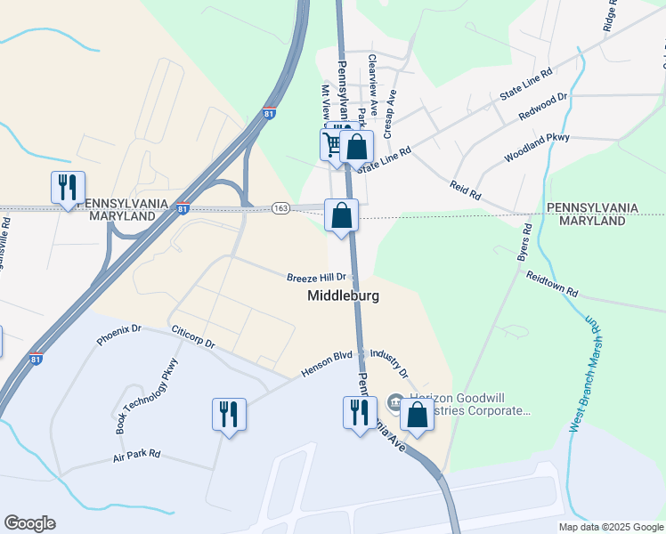 map of restaurants, bars, coffee shops, grocery stores, and more near 18544 Breeze Hill Drive in Hagerstown