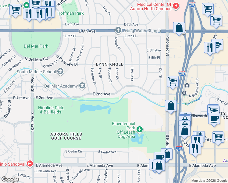map of restaurants, bars, coffee shops, grocery stores, and more near 12824 East 2nd Avenue in Aurora