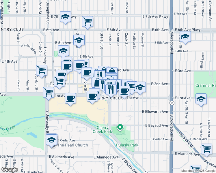 map of restaurants, bars, coffee shops, grocery stores, and more near in Denver