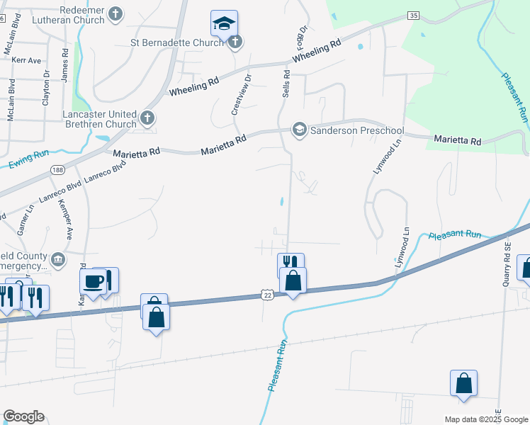 map of restaurants, bars, coffee shops, grocery stores, and more near 219 Sells Road in Lancaster