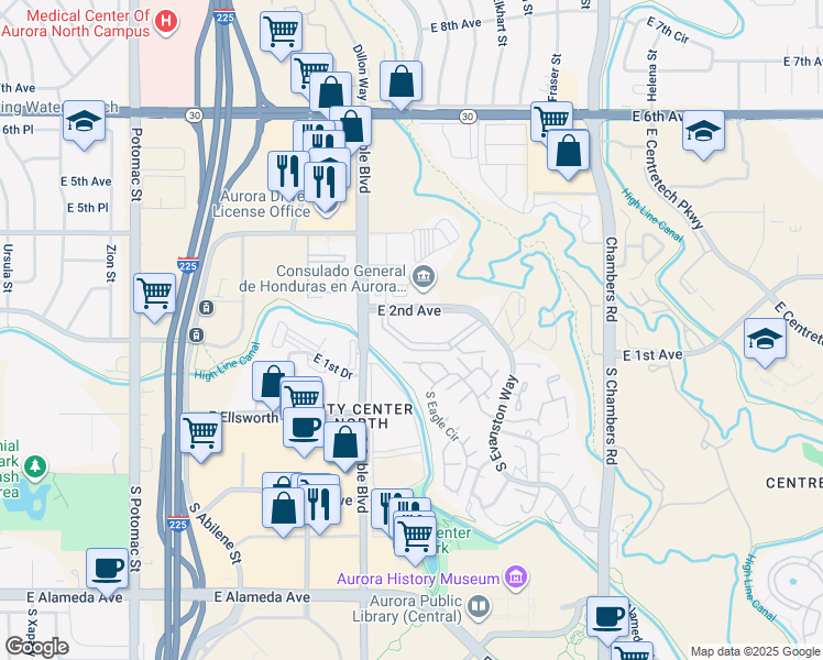 map of restaurants, bars, coffee shops, grocery stores, and more near 101 South Eagle Circle in Aurora