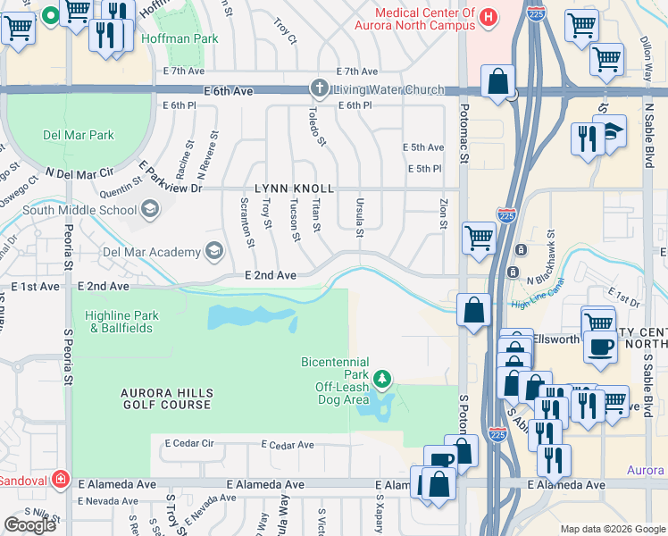 map of restaurants, bars, coffee shops, grocery stores, and more near 12894 East 2nd Avenue in Aurora