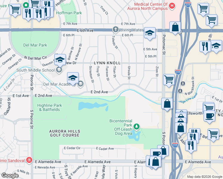 map of restaurants, bars, coffee shops, grocery stores, and more near 12824 East 2nd Avenue in Aurora
