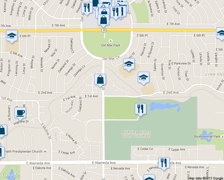 map of restaurants, bars, coffee shops, grocery stores, and more near 12203 East 2nd Avenue in Aurora