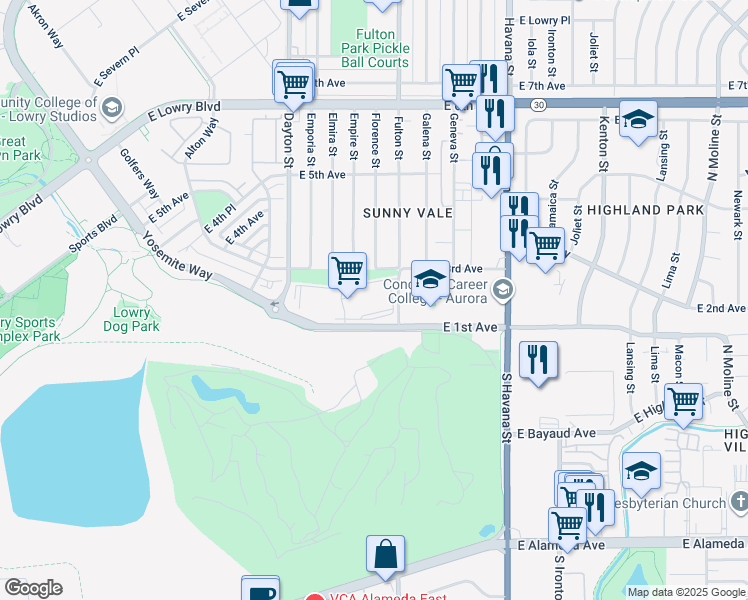 map of restaurants, bars, coffee shops, grocery stores, and more near 181 Fulton Street in Aurora