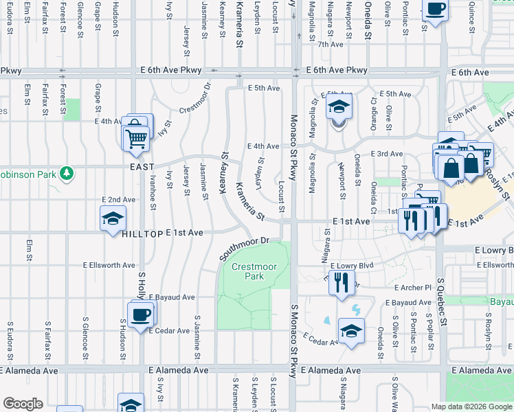 map of restaurants, bars, coffee shops, grocery stores, and more near 110 Krameria Street in Denver