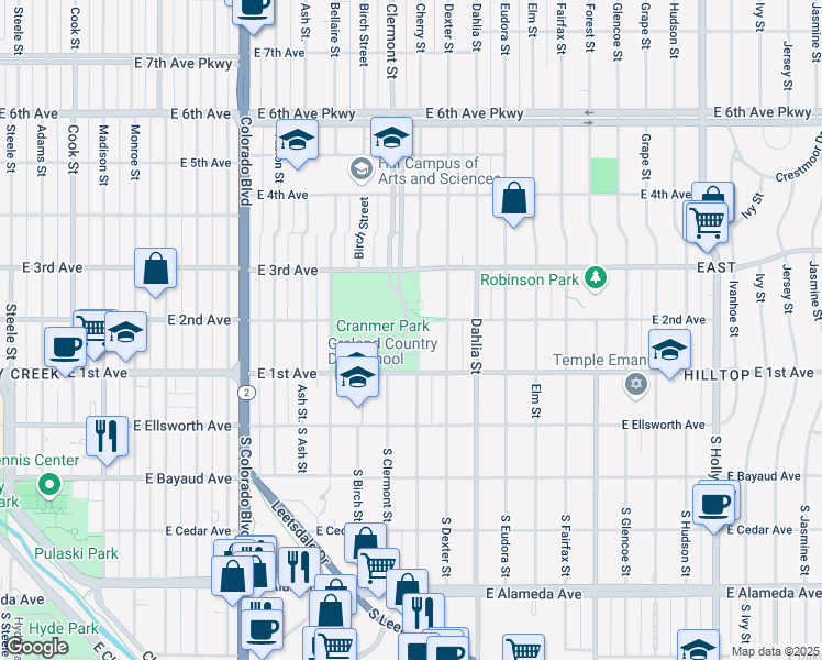 map of restaurants, bars, coffee shops, grocery stores, and more near 124 Cherry Street in Denver