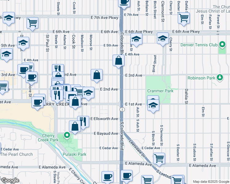 map of restaurants, bars, coffee shops, grocery stores, and more near 123 Harrison Street in Denver