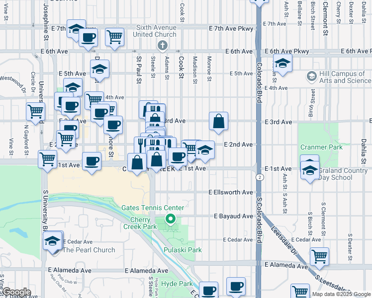 map of restaurants, bars, coffee shops, grocery stores, and more near 121 Cook Street in Denver