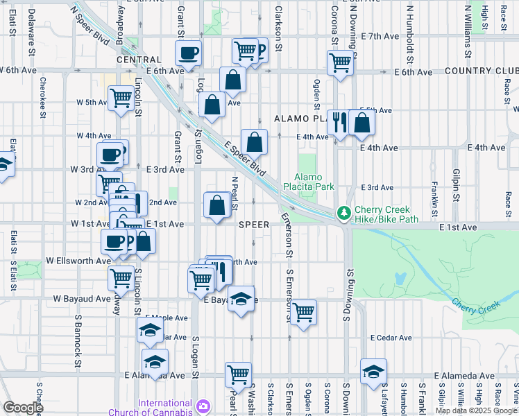 map of restaurants, bars, coffee shops, grocery stores, and more near 703 East 1st Avenue in Denver