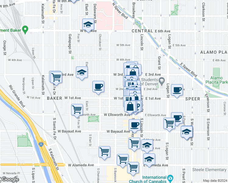 map of restaurants, bars, coffee shops, grocery stores, and more near 107 Acoma Street in Denver
