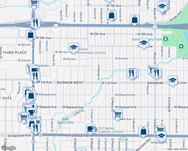 map of restaurants, bars, coffee shops, grocery stores, and more near 111 Stuart Street in Denver