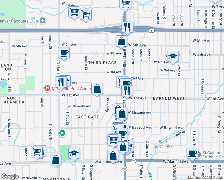 map of restaurants, bars, coffee shops, grocery stores, and more near 5390 West 1st Avenue in Lakewood