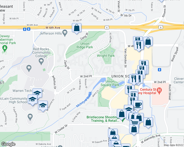 map of restaurants, bars, coffee shops, grocery stores, and more near 12545 West 2nd Drive in Lakewood