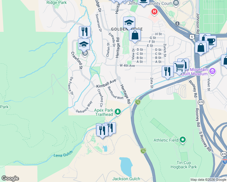map of restaurants, bars, coffee shops, grocery stores, and more near 224 Berthoud Way in Golden