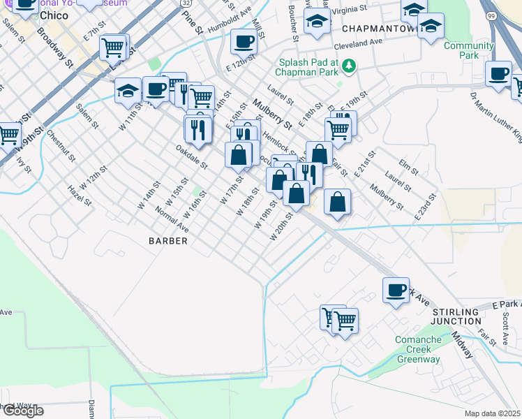 map of restaurants, bars, coffee shops, grocery stores, and more near 142 West 19th Street in Chico