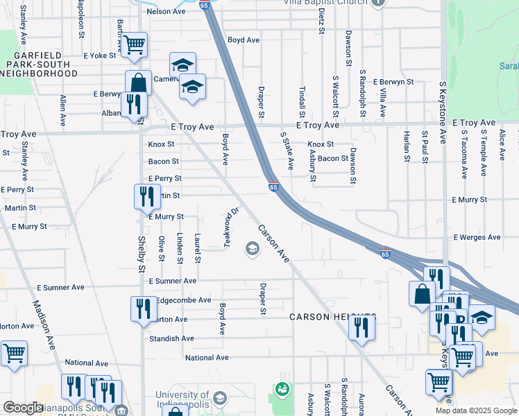 map of restaurants, bars, coffee shops, grocery stores, and more near 3341 Carson Avenue in Indianapolis