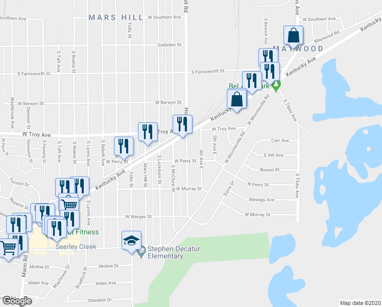 map of restaurants, bars, coffee shops, grocery stores, and more near 3101 South Holt Road in Indianapolis