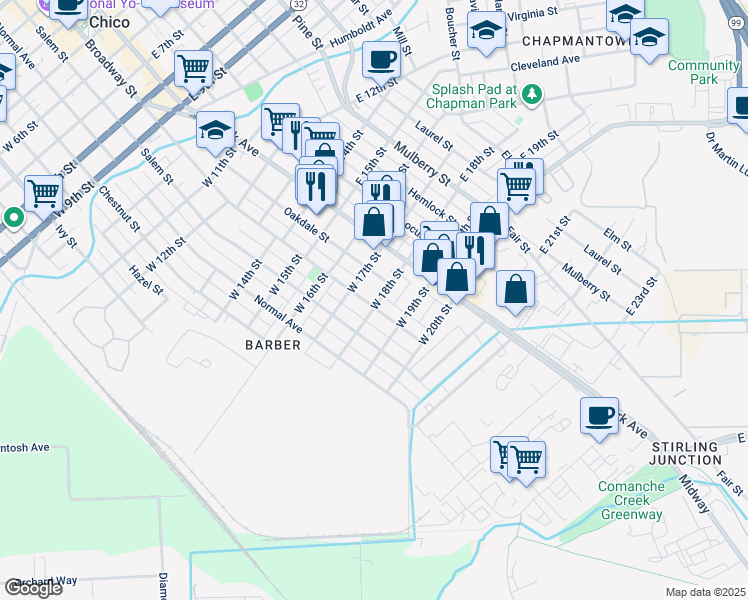 map of restaurants, bars, coffee shops, grocery stores, and more near 1747 Broadway Street in Chico