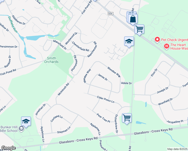 map of restaurants, bars, coffee shops, grocery stores, and more near 30 Jamie Drive in Washington Township