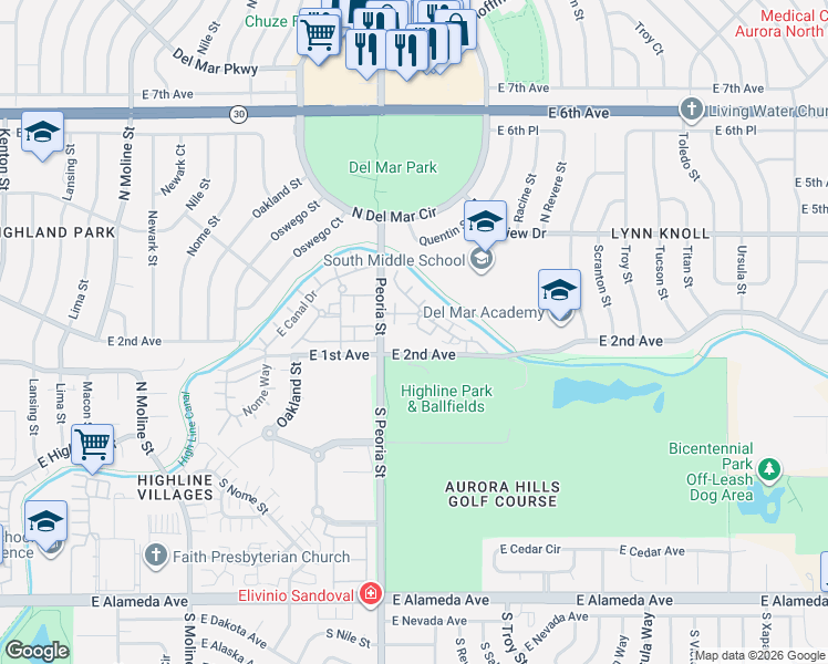 map of restaurants, bars, coffee shops, grocery stores, and more near 12203 East 2nd Avenue in Aurora