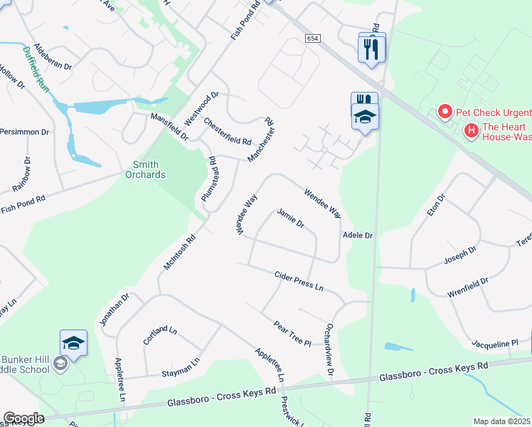 map of restaurants, bars, coffee shops, grocery stores, and more near 30 Jamie Drive in Washington Township