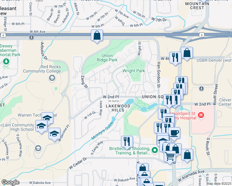 map of restaurants, bars, coffee shops, grocery stores, and more near 201 Wright Street in Lakewood