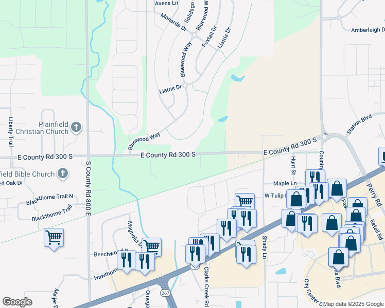 map of restaurants, bars, coffee shops, grocery stores, and more near Township Line Road in Plainfield