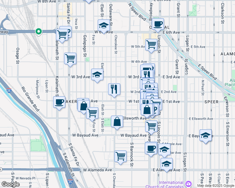 map of restaurants, bars, coffee shops, grocery stores, and more near 309 West 1st Avenue in Denver