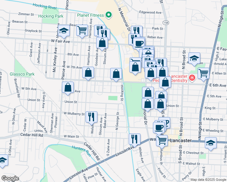 map of restaurants, bars, coffee shops, grocery stores, and more near 502 North Zane Avenue in Lancaster
