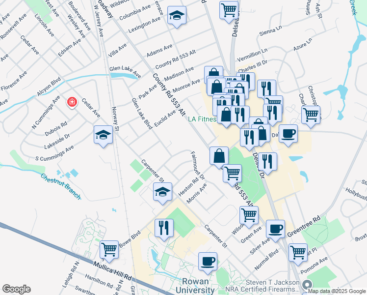 map of restaurants, bars, coffee shops, grocery stores, and more near 4 Sherwood Lane in Glassboro