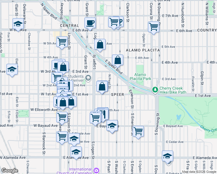 map of restaurants, bars, coffee shops, grocery stores, and more near 103 Pearl Street in Denver