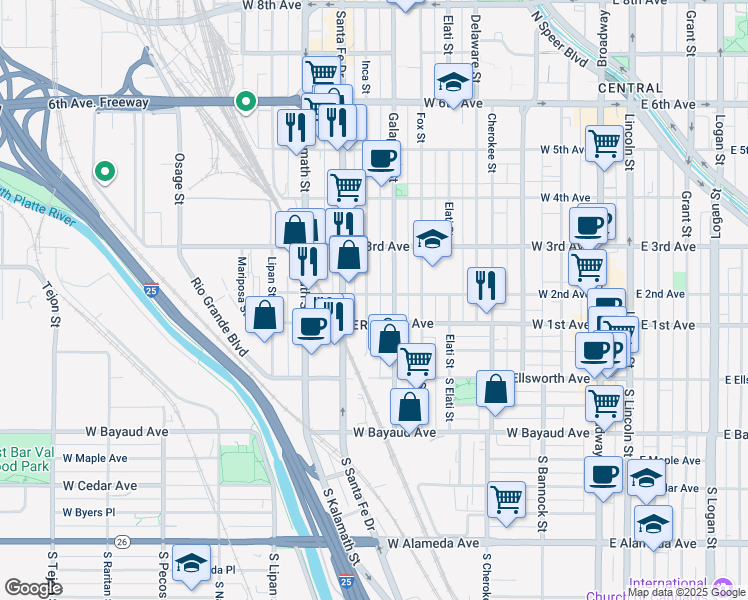map of restaurants, bars, coffee shops, grocery stores, and more near 136 Inca Street in Denver