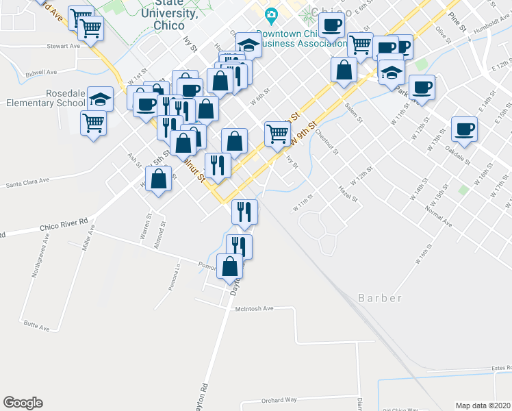 map of restaurants, bars, coffee shops, grocery stores, and more near 904 Dayton Road in Chico
