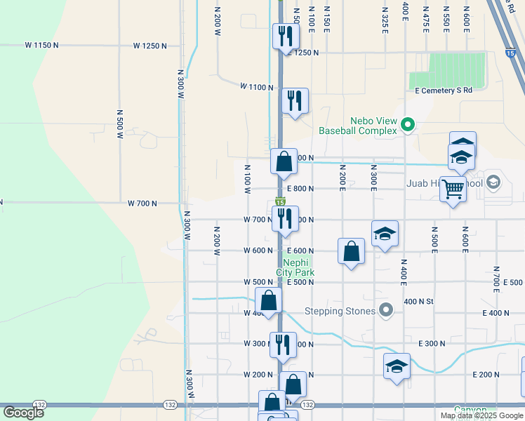 map of restaurants, bars, coffee shops, grocery stores, and more near 25 West 700 North in Nephi