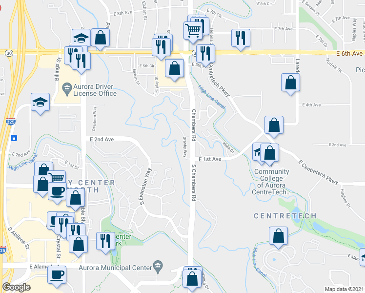 map of restaurants, bars, coffee shops, grocery stores, and more near 141 Granby Way in Aurora