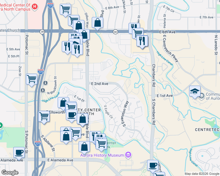map of restaurants, bars, coffee shops, grocery stores, and more near 14806 East 2nd Avenue in Aurora
