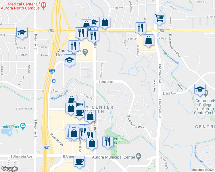 map of restaurants, bars, coffee shops, grocery stores, and more near 101 South Eagle Circle in Aurora