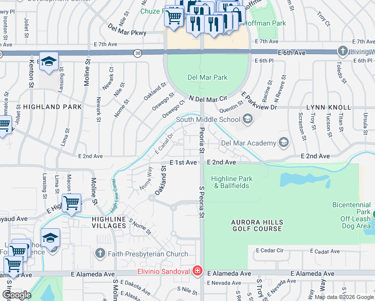 map of restaurants, bars, coffee shops, grocery stores, and more near 114 Paris Circle in Aurora